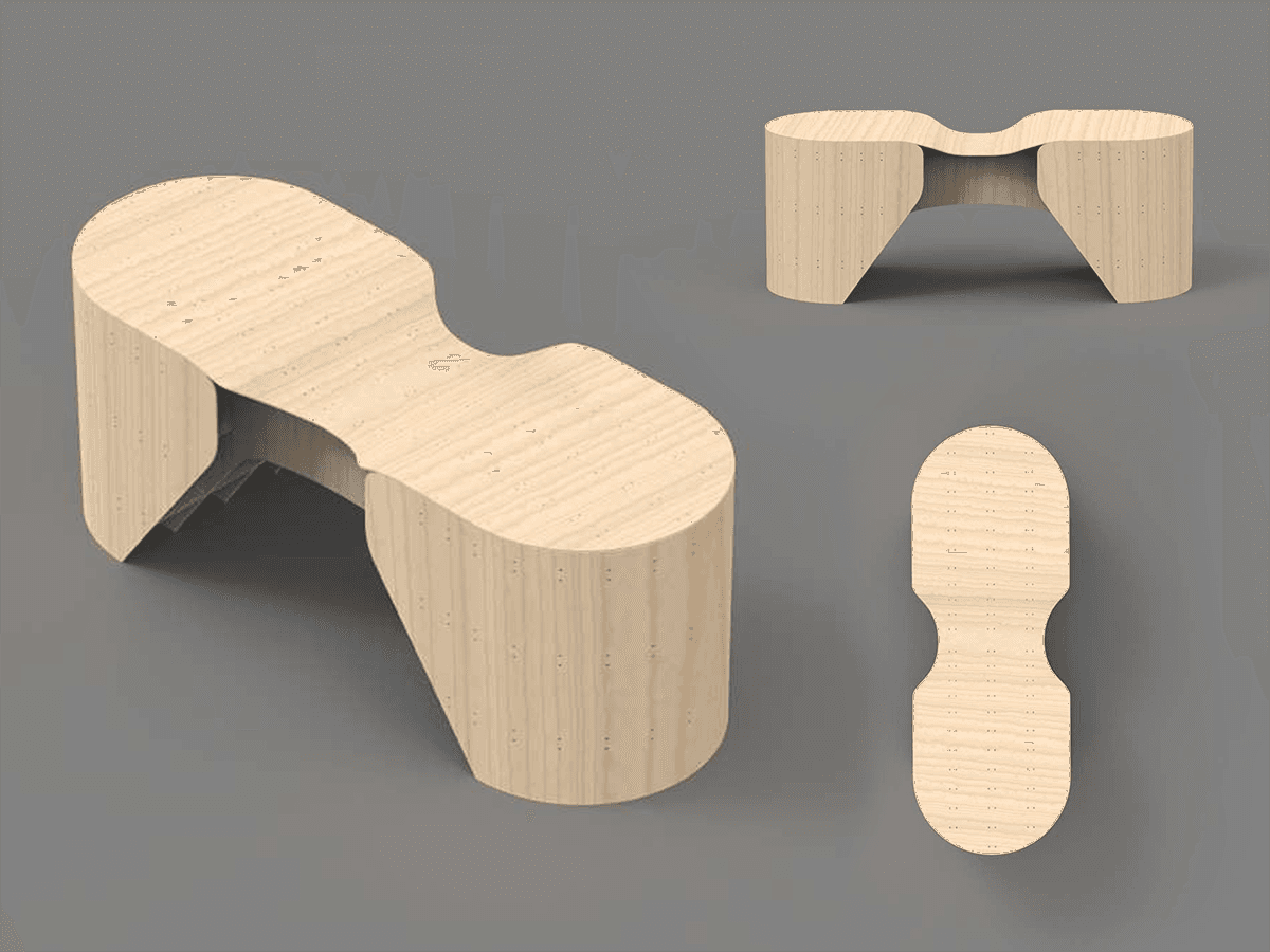 CAD renders: perspective, front elevation, and plan view of the bench.
