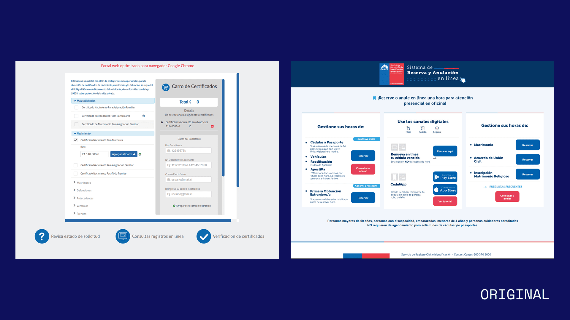 Existing Registro Civil certificate interface with inconsistent layout.