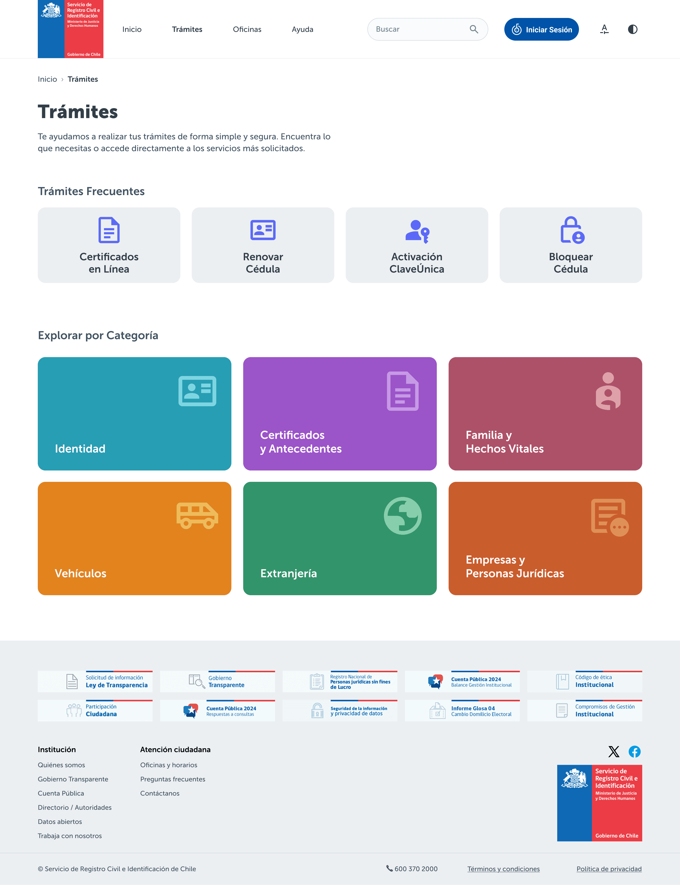 Redesigned trámites landing page with categorized shortcuts.