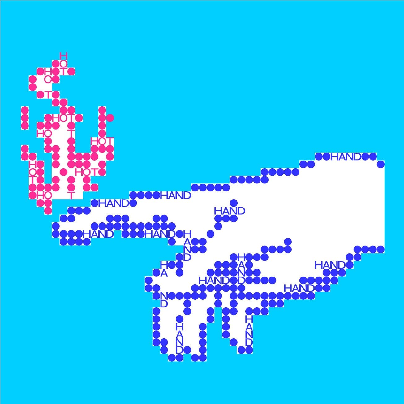 Typographic hand illustration built from repeating HOT/HAND letterforms.