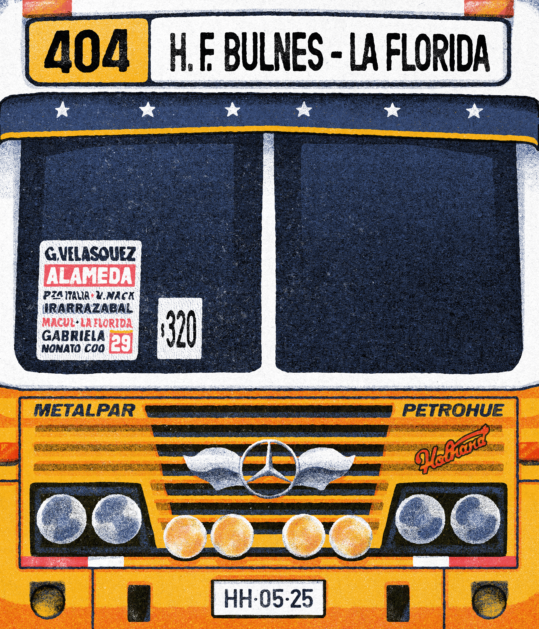 Risograph print of classic Santiago micro bus front.