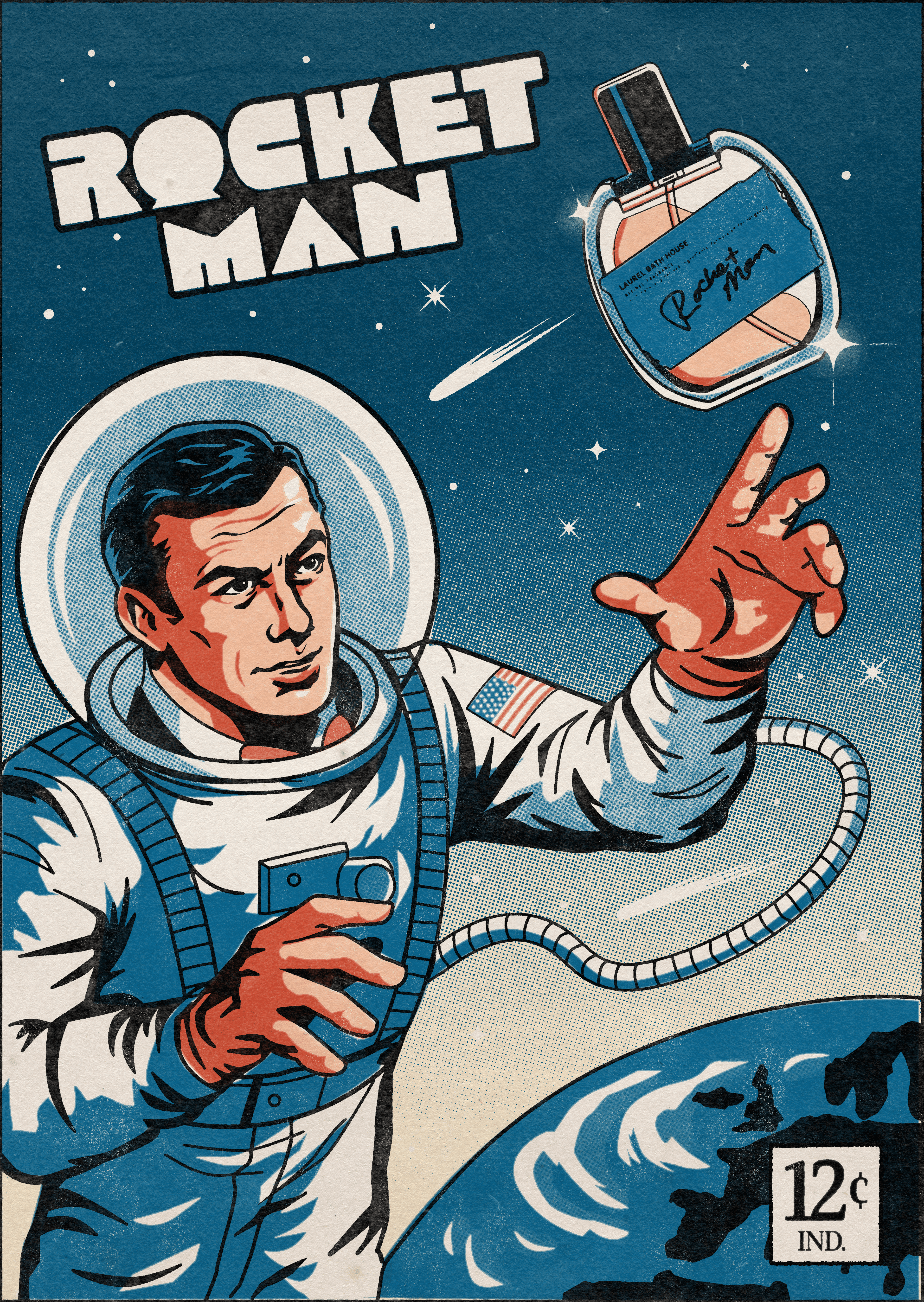 Retro comic key art for Rocket Man fragrance concept.