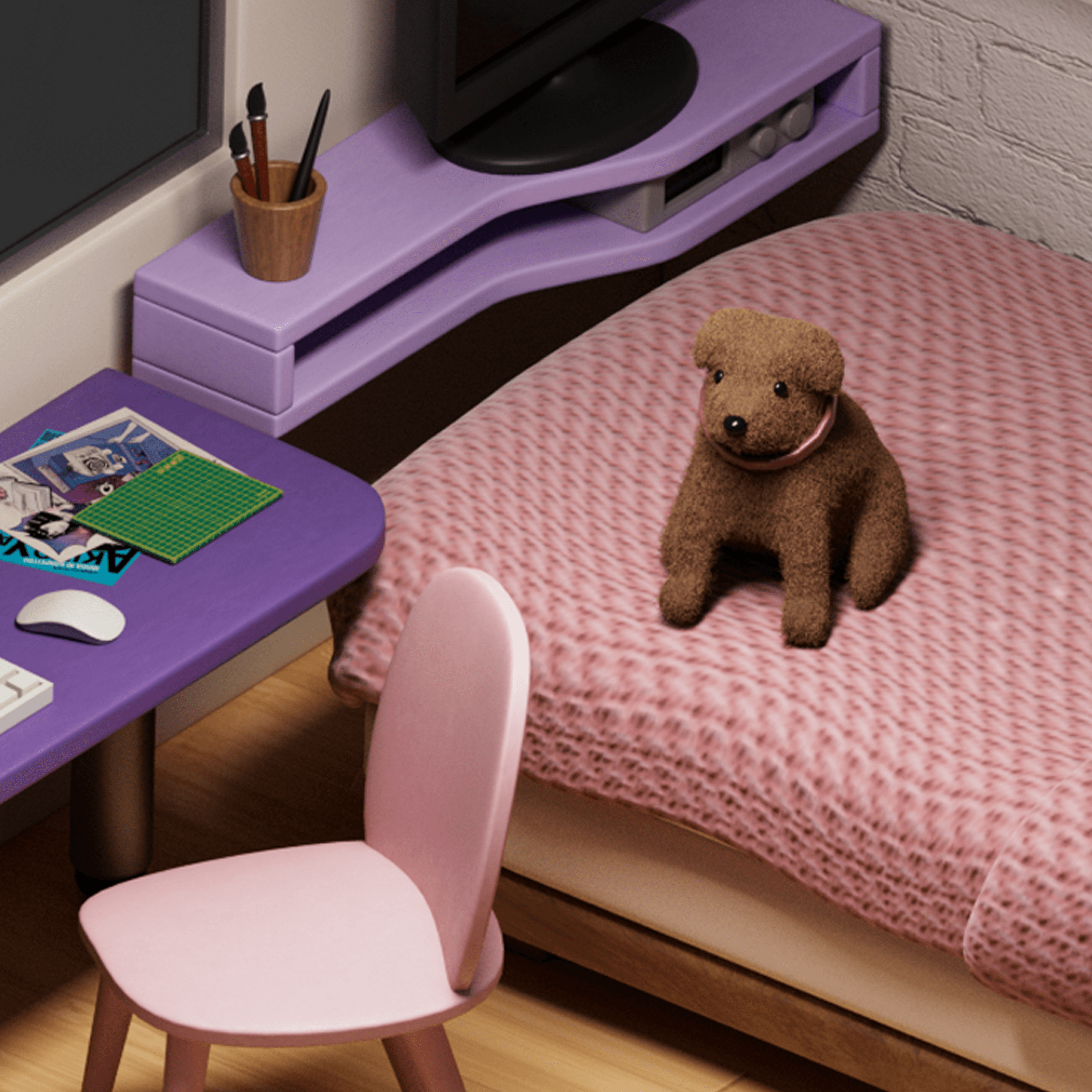 Closeup room detail showing texture and linework.